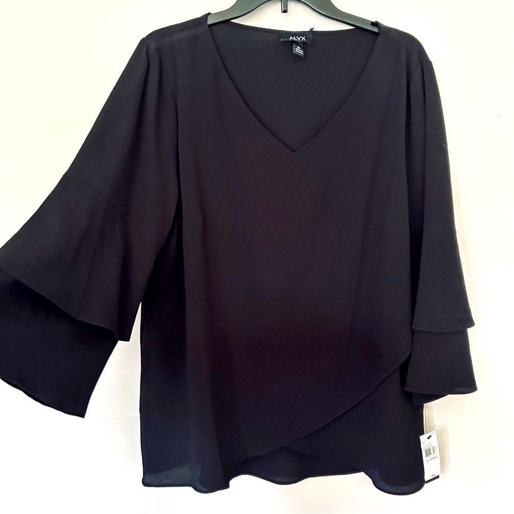 NWT - Alyx Women's Black V-Neck Top Romantic Layered Sleeves Size XL